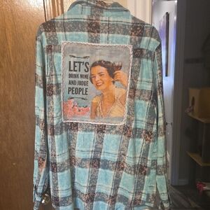 Teal and Brown Graphic Patch Plaid Shirt
